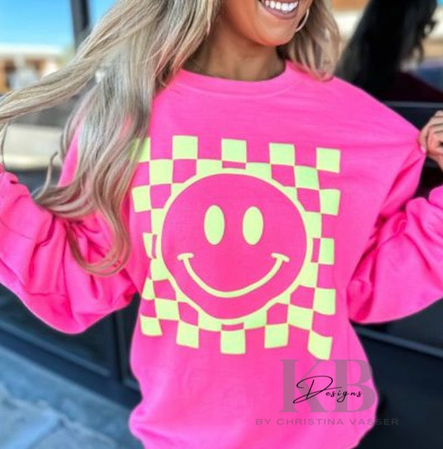 Neon Puff Smiley Checkered Tee