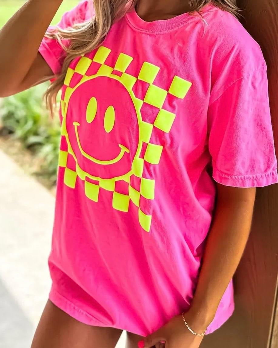 Neon Puff Smiley Checkered Tee