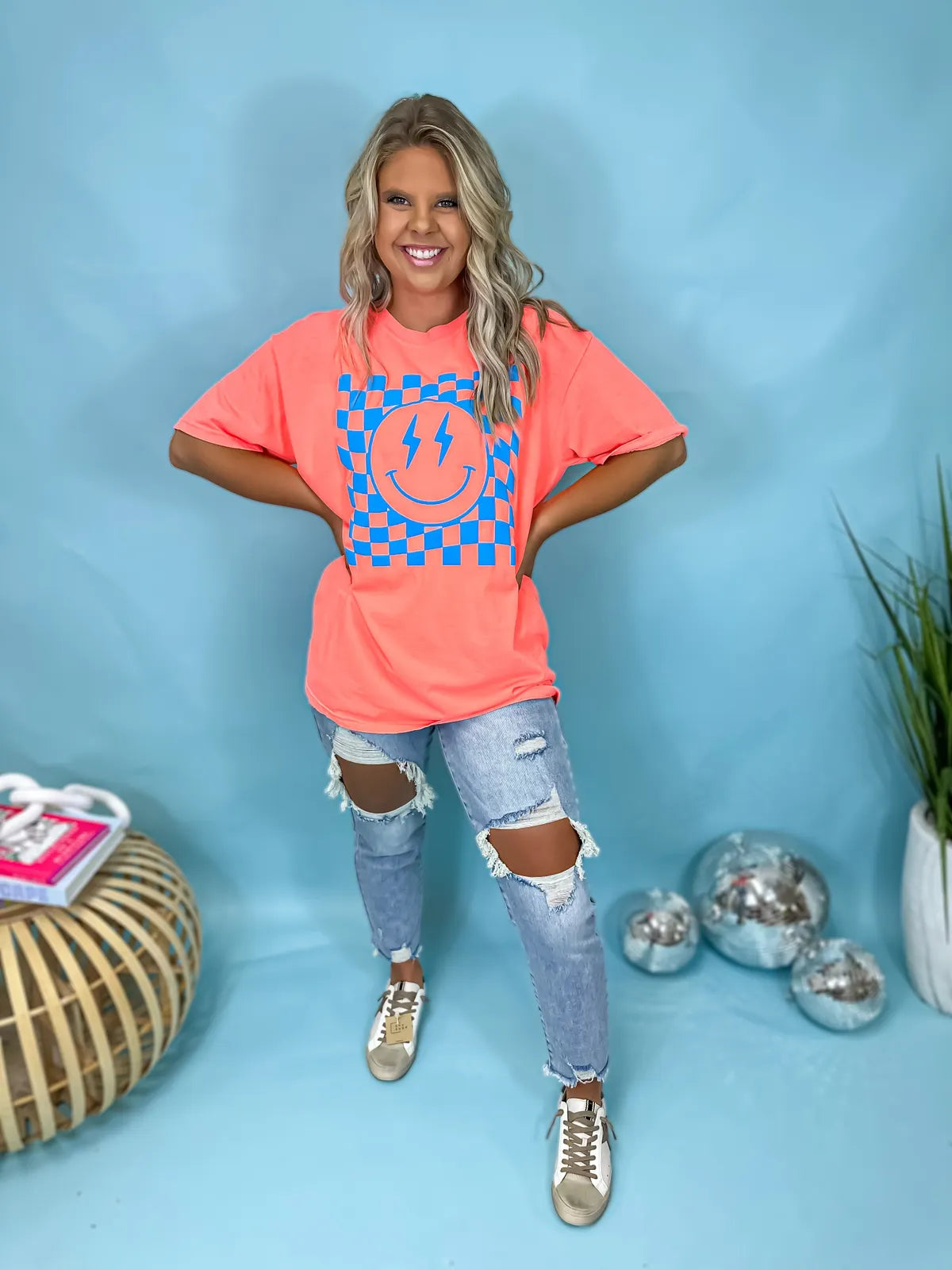 Neon Puff Smiley Checkered Tee