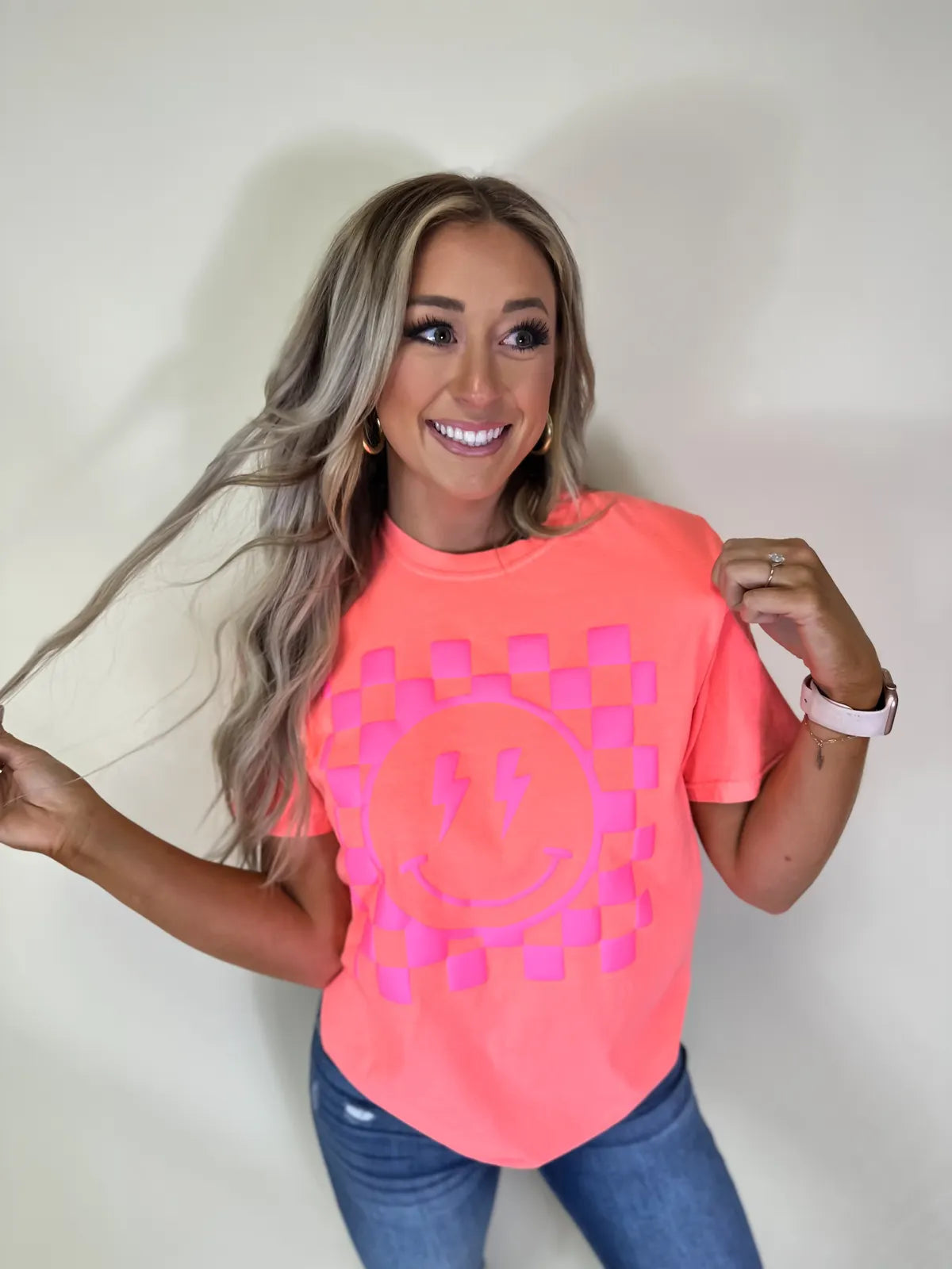 Neon Puff Smiley Checkered Tee