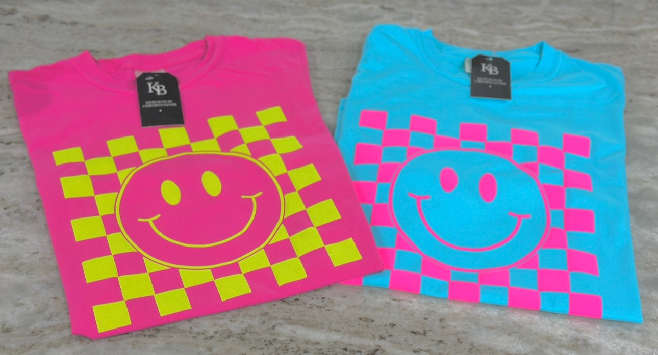 Neon Puff Smiley Checkered Tee